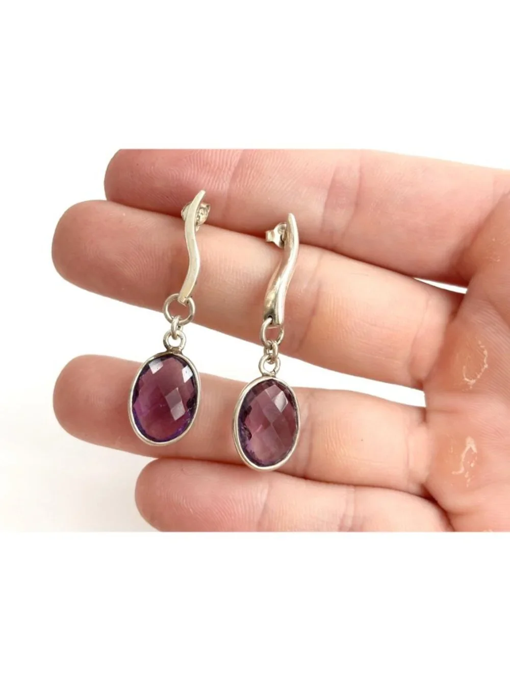 Amethyst Gemstone Swirly Minimalist Vintage Sterling Silver 925 Earrings